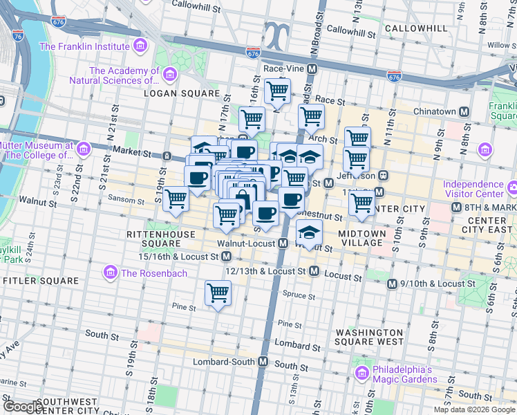map of restaurants, bars, coffee shops, grocery stores, and more near 1508 Sansom Street in Philadelphia