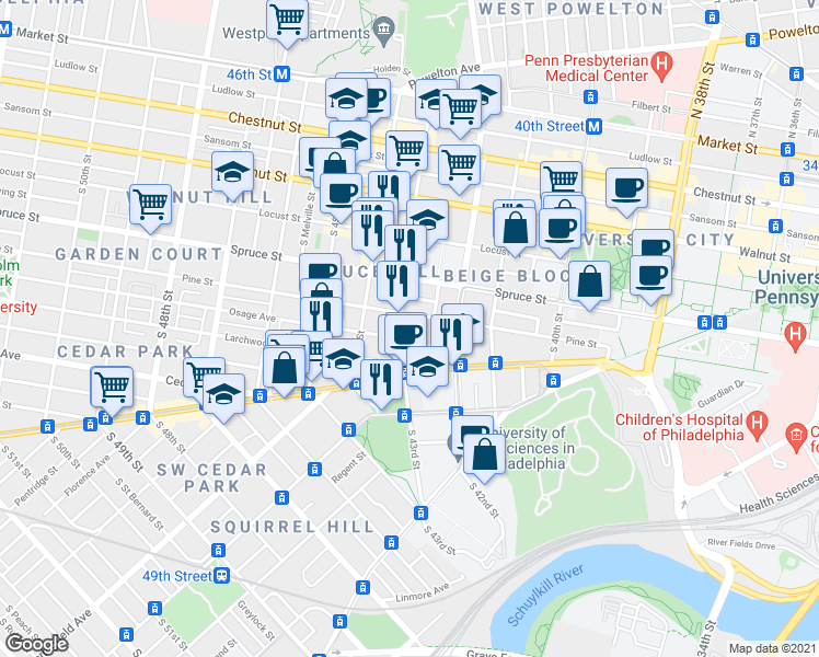 map of restaurants, bars, coffee shops, grocery stores, and more near 407 South 43rd Street in Philadelphia