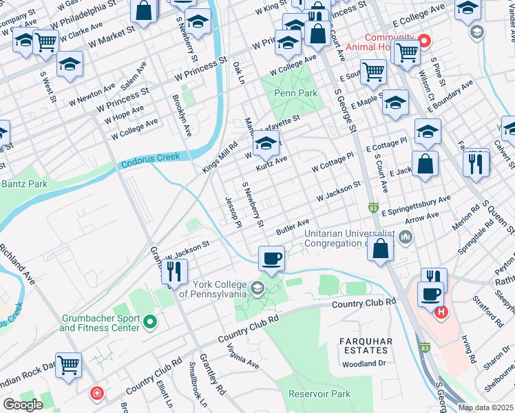 map of restaurants, bars, coffee shops, grocery stores, and more near 727 South Newberry Street in York