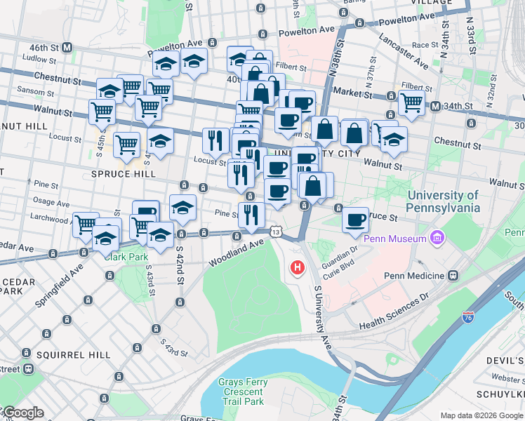 map of restaurants, bars, coffee shops, grocery stores, and more near 3924 Delancey Street in Philadelphia