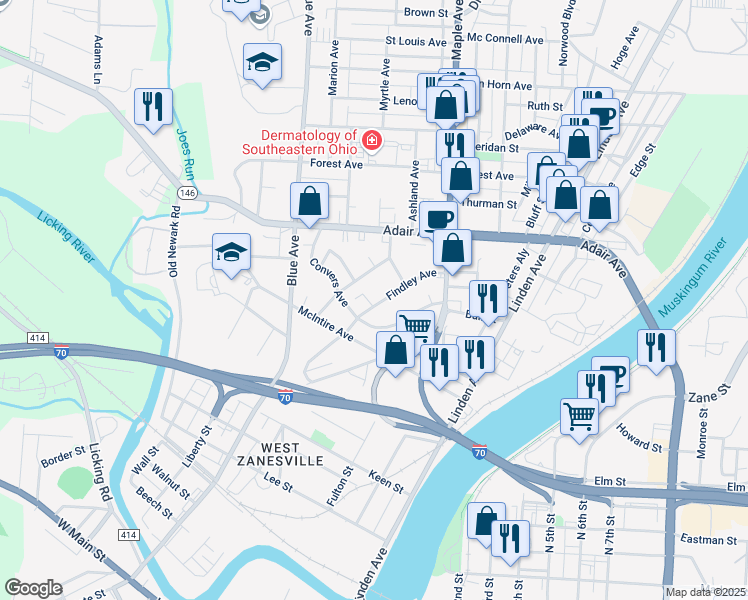 map of restaurants, bars, coffee shops, grocery stores, and more near 931 Findley Avenue in Zanesville