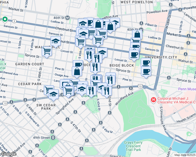 map of restaurants, bars, coffee shops, grocery stores, and more near 407 South 43rd Street in Philadelphia
