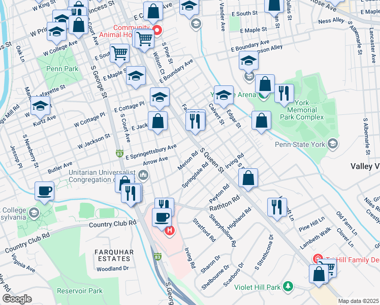 map of restaurants, bars, coffee shops, grocery stores, and more near 171 Merion Road in York