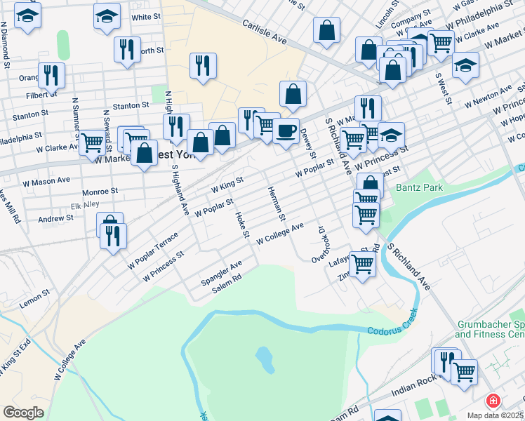 map of restaurants, bars, coffee shops, grocery stores, and more near 1274 West Princess Street in York