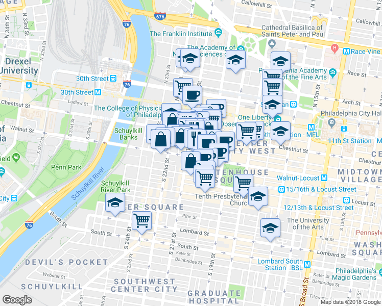 map of restaurants, bars, coffee shops, grocery stores, and more near 2047 Walnut Street in Philadelphia