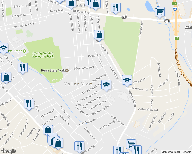 map of restaurants, bars, coffee shops, grocery stores, and more near 819 Rathton Road in York