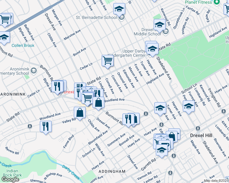 map of restaurants, bars, coffee shops, grocery stores, and more near 719 Cornell Avenue in Drexel Hill