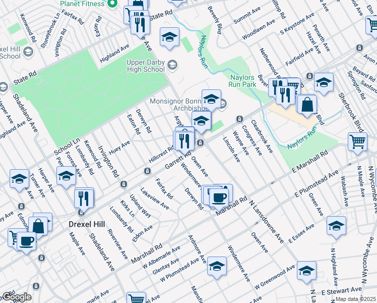 map of restaurants, bars, coffee shops, grocery stores, and more near 2249 Garrett Road in Drexel Hill