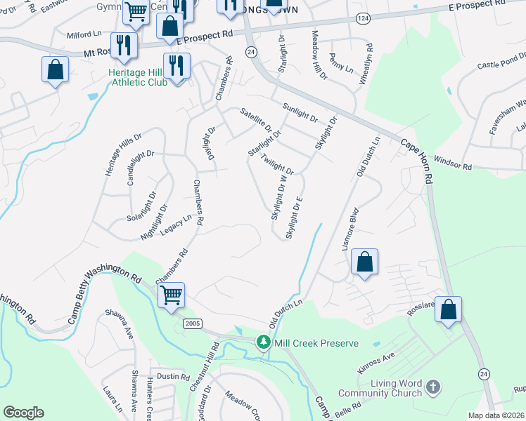map of restaurants, bars, coffee shops, grocery stores, and more near 3110 Starlight Drive in York