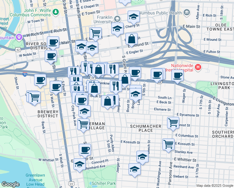 map of restaurants, bars, coffee shops, grocery stores, and more near 295 Berger Alley in Columbus
