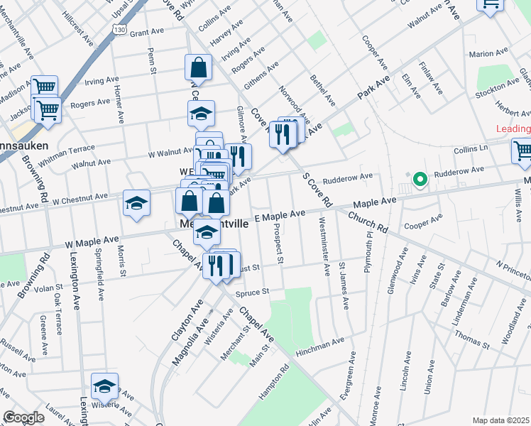 map of restaurants, bars, coffee shops, grocery stores, and more near in Merchantville