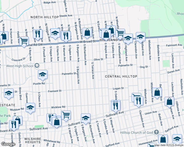 map of restaurants, bars, coffee shops, grocery stores, and more near 203 South Terrace Avenue in Columbus