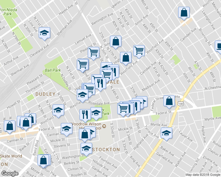 map of restaurants, bars, coffee shops, grocery stores, and more near 161 North 34th Street in Camden