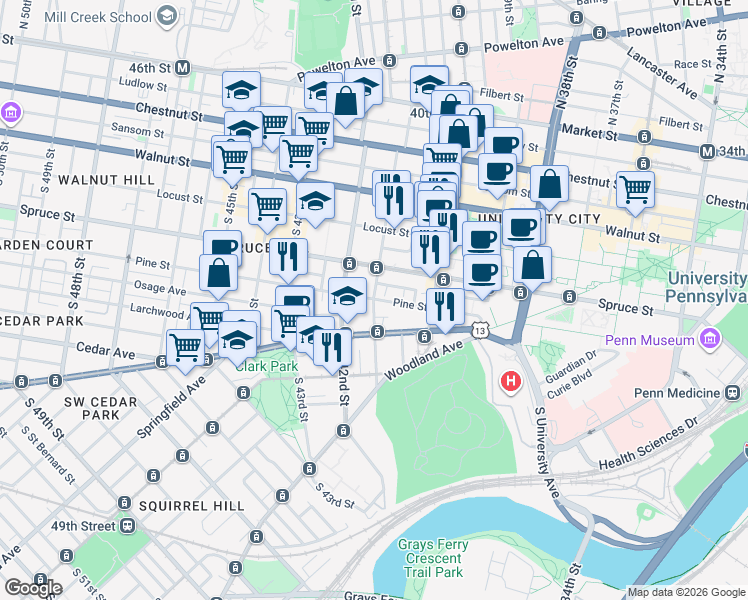map of restaurants, bars, coffee shops, grocery stores, and more near Pine St & S 41st St in Philadelphia
