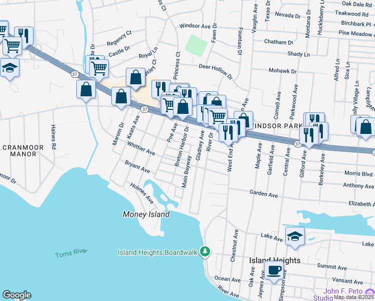 map of restaurants, bars, coffee shops, grocery stores, and more near 48 4th Bayway in Toms River