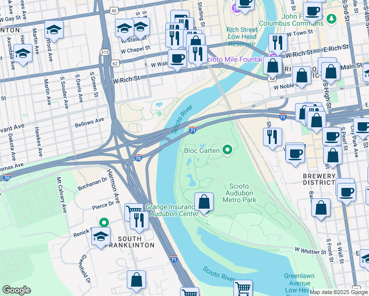 map of restaurants, bars, coffee shops, grocery stores, and more near 440 West Whittier Street in Columbus