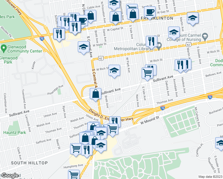 map of restaurants, bars, coffee shops, grocery stores, and more near 345 Dana Avenue in Columbus