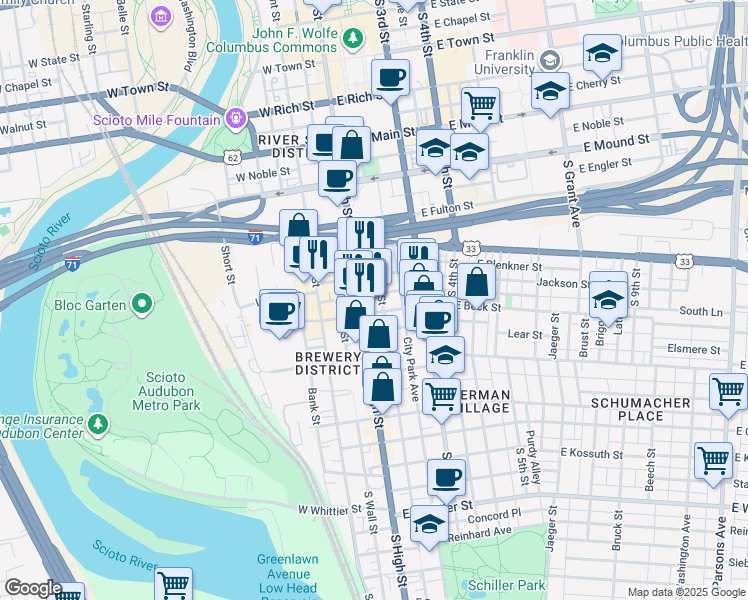 map of restaurants, bars, coffee shops, grocery stores, and more near 550 South High Street in Columbus