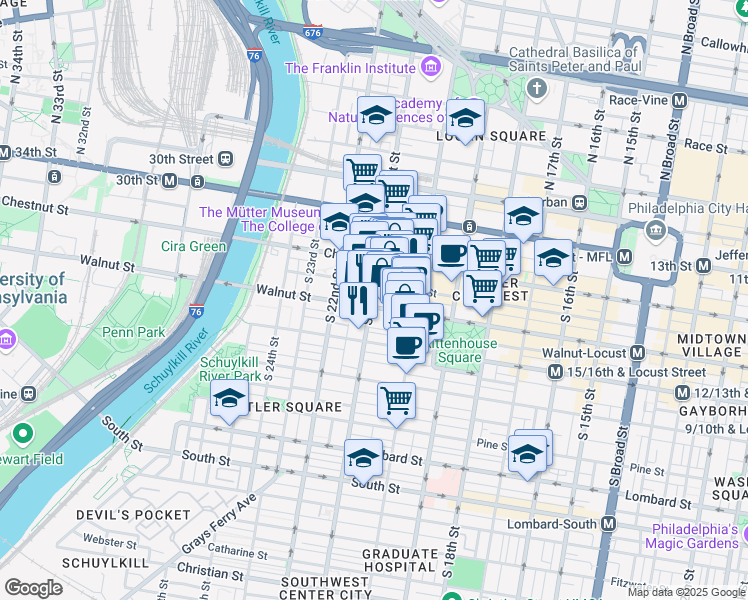 map of restaurants, bars, coffee shops, grocery stores, and more near 2051 Walnut Street in Philadelphia