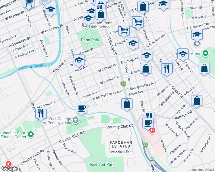 map of restaurants, bars, coffee shops, grocery stores, and more near 121 Butler Avenue in York