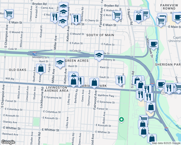 map of restaurants, bars, coffee shops, grocery stores, and more near 780 Seymour Avenue in Columbus