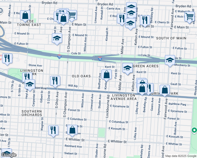 map of restaurants, bars, coffee shops, grocery stores, and more near 733 Bedford Avenue in Columbus