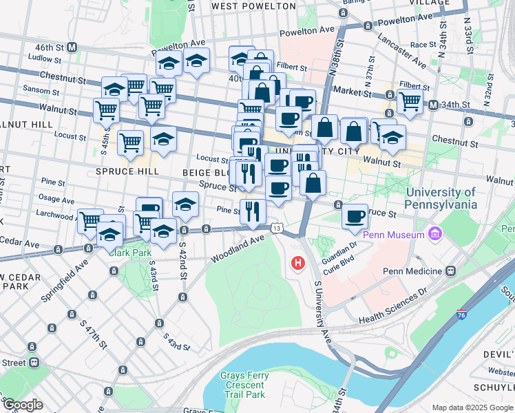 map of restaurants, bars, coffee shops, grocery stores, and more near 3938 Delancey Street in Philadelphia