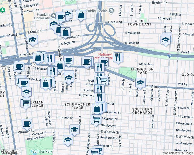 map of restaurants, bars, coffee shops, grocery stores, and more near 647 Parsons Avenue in Columbus