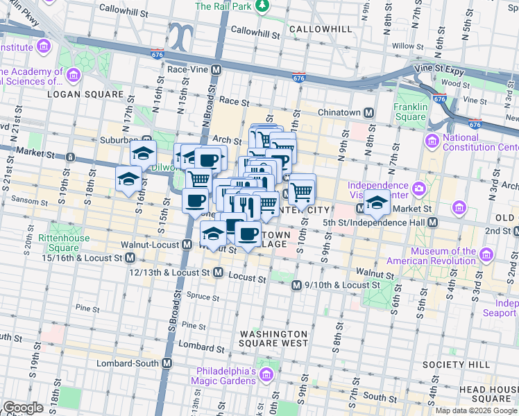 map of restaurants, bars, coffee shops, grocery stores, and more near 21 South 12th Street in Philadelphia