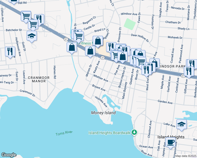 map of restaurants, bars, coffee shops, grocery stores, and more near 1216 Whittier Avenue in Toms River