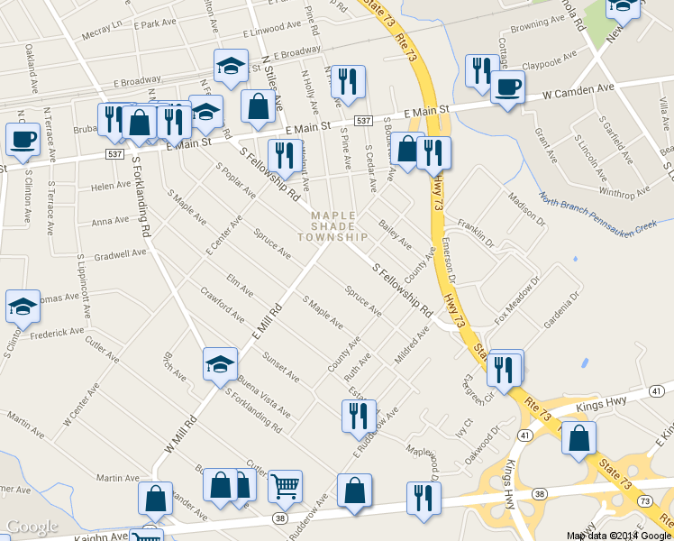 map of restaurants, bars, coffee shops, grocery stores, and more near Route 73 in Maple Shade