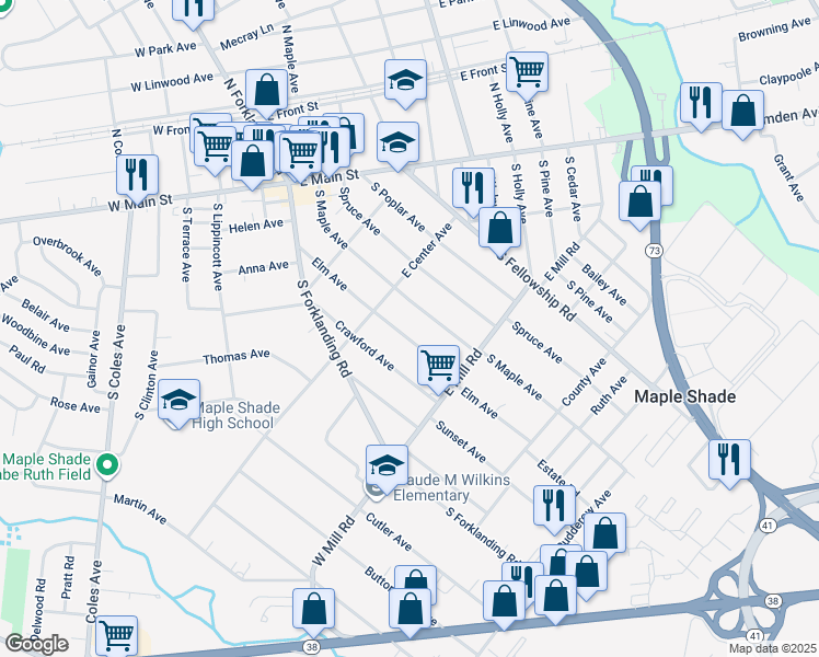 map of restaurants, bars, coffee shops, grocery stores, and more near 323 Elm Ave in Maple Shade
