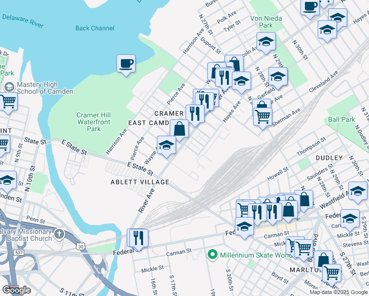 map of restaurants, bars, coffee shops, grocery stores, and more near 1817 River Avenue in Camden