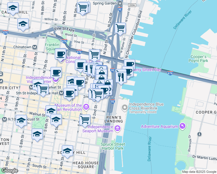 map of restaurants, bars, coffee shops, grocery stores, and more near 24 Cuthbert Street in Philadelphia