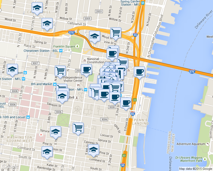 map of restaurants, bars, coffee shops, grocery stores, and more near 30 North 3rd Street in Philadelphia