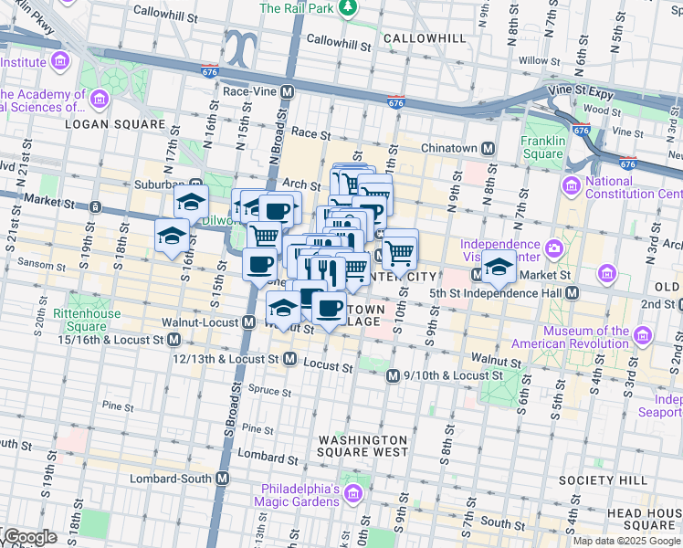 map of restaurants, bars, coffee shops, grocery stores, and more near 12 South 12th Street in Philadelphia