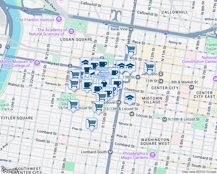 map of restaurants, bars, coffee shops, grocery stores, and more near 1508 Sansom Street in Philadelphia