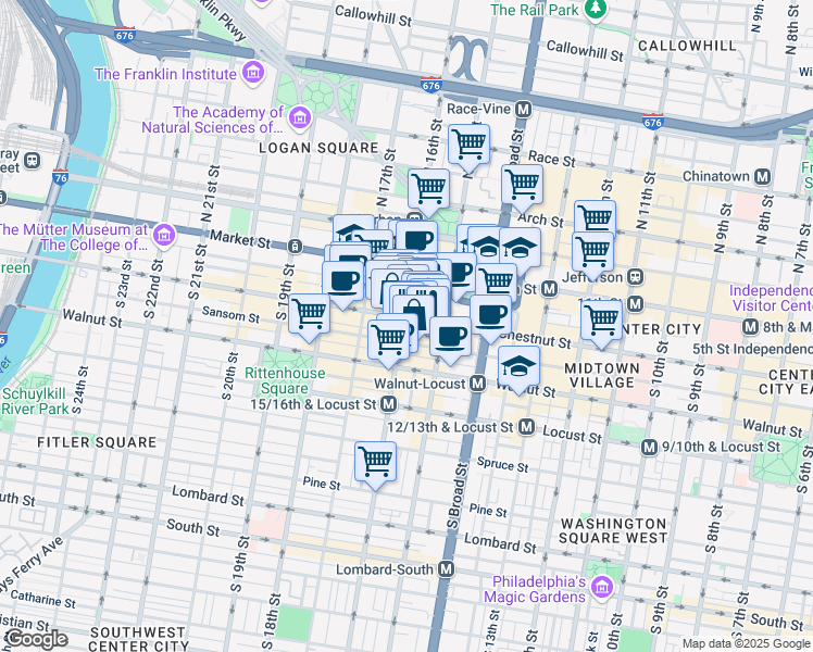 map of restaurants, bars, coffee shops, grocery stores, and more near 1508 Sansom Street in Philadelphia