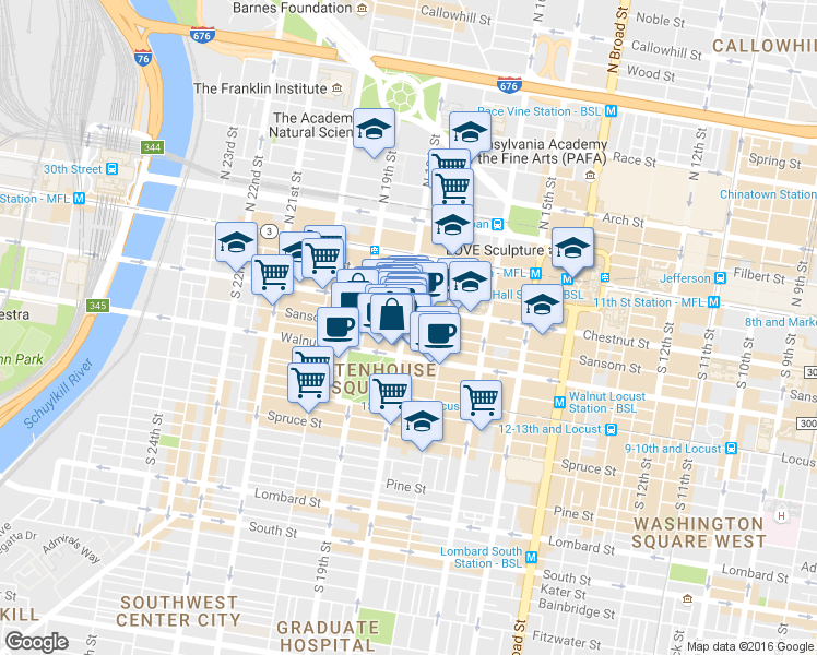 map of restaurants, bars, coffee shops, grocery stores, and more near 111 South 18th Street in Philadelphia