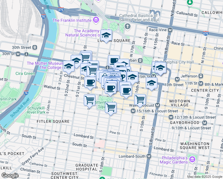 map of restaurants, bars, coffee shops, grocery stores, and more near 111 South 18th Street in Philadelphia
