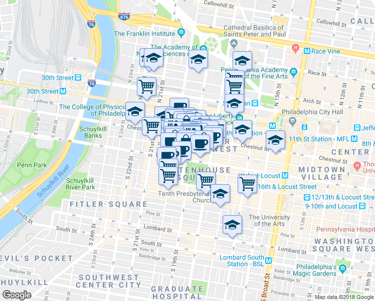 map of restaurants, bars, coffee shops, grocery stores, and more near 1902 Sansom Street in Philadelphia