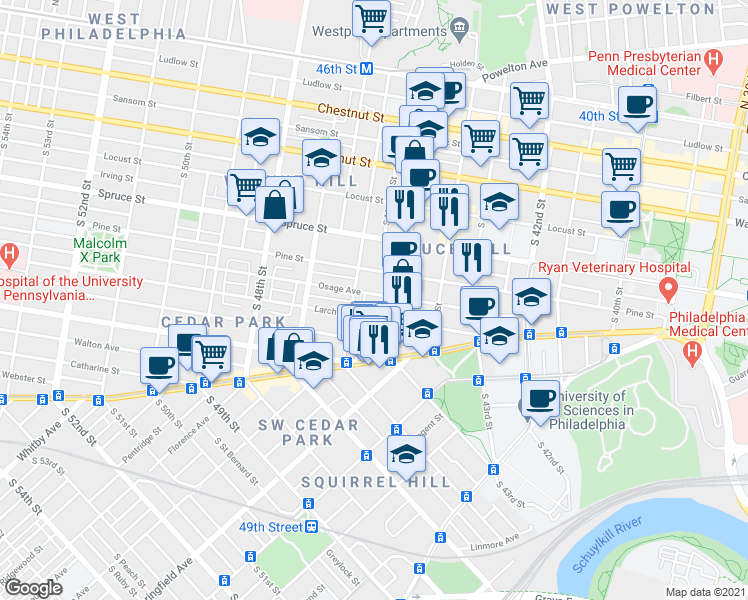 map of restaurants, bars, coffee shops, grocery stores, and more near 416 South 45th Street in Philadelphia