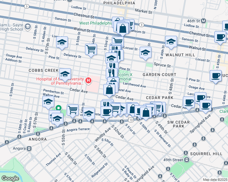 map of restaurants, bars, coffee shops, grocery stores, and more near 5146 Hazel Avenue in Philadelphia