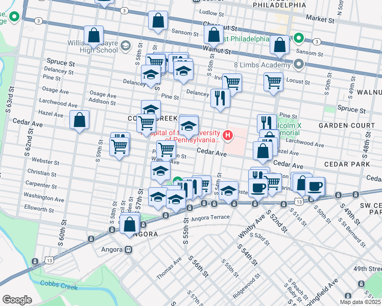 map of restaurants, bars, coffee shops, grocery stores, and more near 5535 Pemberton Street in Philadelphia