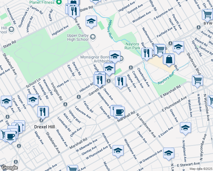 map of restaurants, bars, coffee shops, grocery stores, and more near 2249 Garrett Road in Drexel Hill