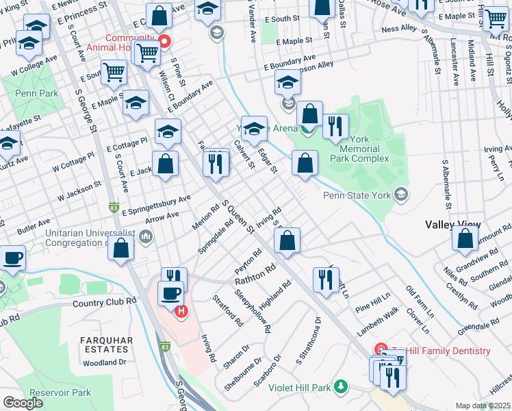map of restaurants, bars, coffee shops, grocery stores, and more near 1016 South Pine Street in York