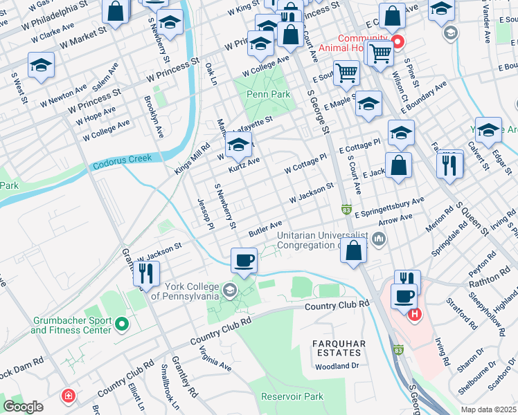 map of restaurants, bars, coffee shops, grocery stores, and more near 247 West Jackson Street in York