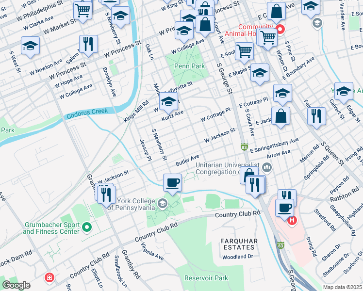 map of restaurants, bars, coffee shops, grocery stores, and more near 247 West Jackson Street in York