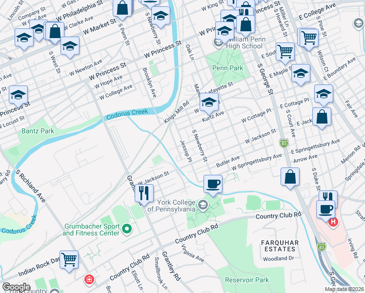 map of restaurants, bars, coffee shops, grocery stores, and more near 338 West Cottage Place in York