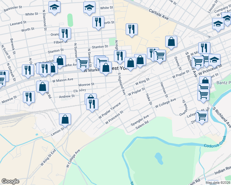 map of restaurants, bars, coffee shops, grocery stores, and more near 1435 West King Street in West York